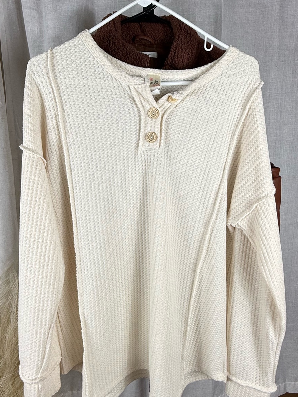 Cream Waffle Knit Henley Pullover